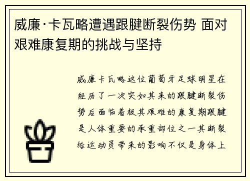 威廉·卡瓦略遭遇跟腱断裂伤势 面对艰难康复期的挑战与坚持